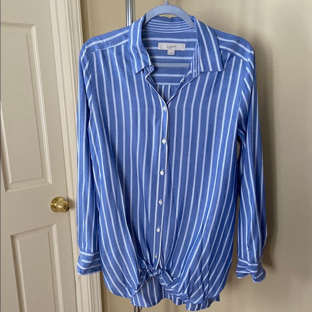 LOFT Blue Striped Button-Up Blouse